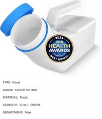 Male Urinal, Glow in the Dark Lid, 32 oz, Thick Plastic, Screw-On Lid