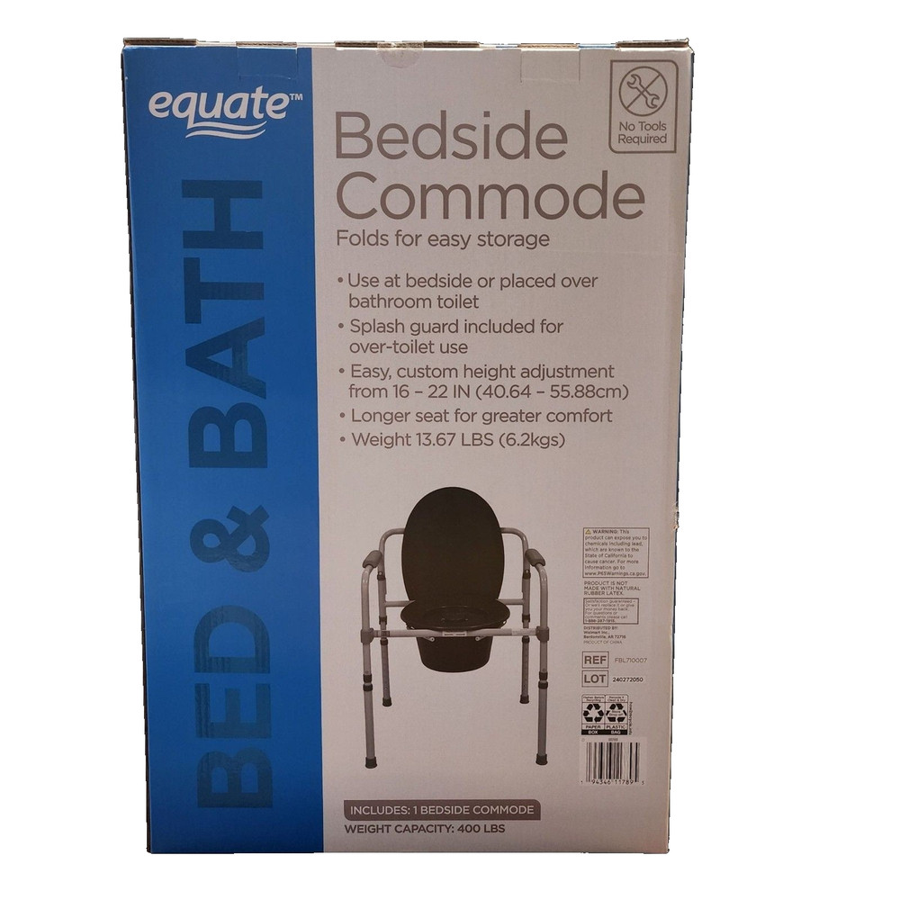 Equate Bedside Commode | Folding, Height Adjustable, Splash Guard | 400 LBS