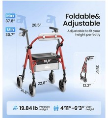 VOVCIC Walkers for Seniors, Z11 Rollator Walker with Seat, Max 380 Lbs, RED, NEW