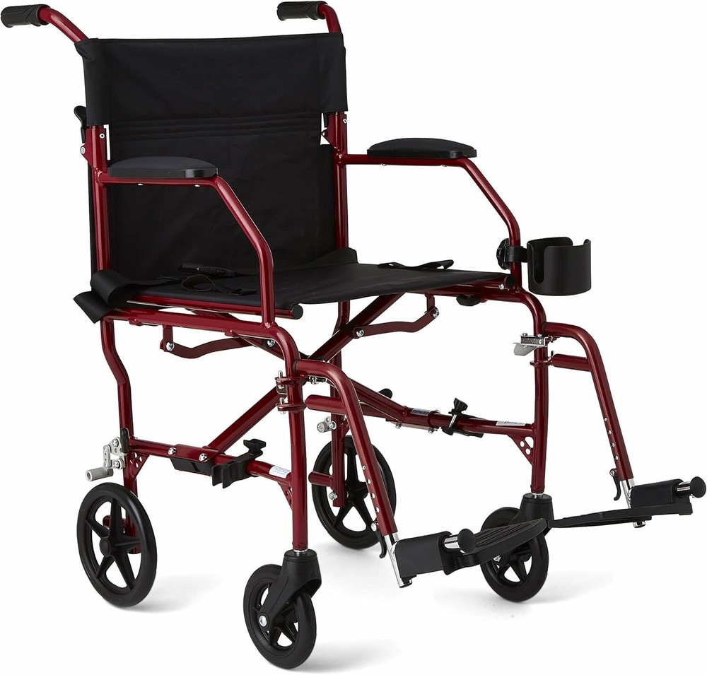 Medline Ultralight Adult Transport Wheelchair, 19’ Seat Width,Black Seat Cushion