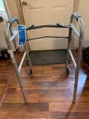 Walker Folding NEW 2-Button Adult Alum w/5″ Wheels 350 lb. Capacity w/Book