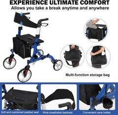 Rollator Walker For Seniors Lightweight Foldable 12″+10″ Wheels w/ Brakes 300 Lb