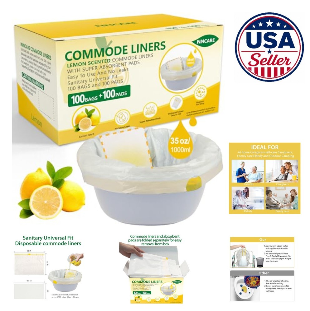 Disposable Commode Liners with Absorbent Pads 100 Count Lemon Scented Bedside