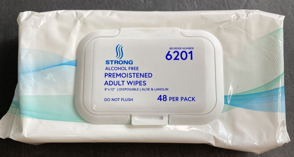 Strong Alcohol Free Premoistened Adult Wipes Aloe & Lanolin 8″x12″ 48 per pack