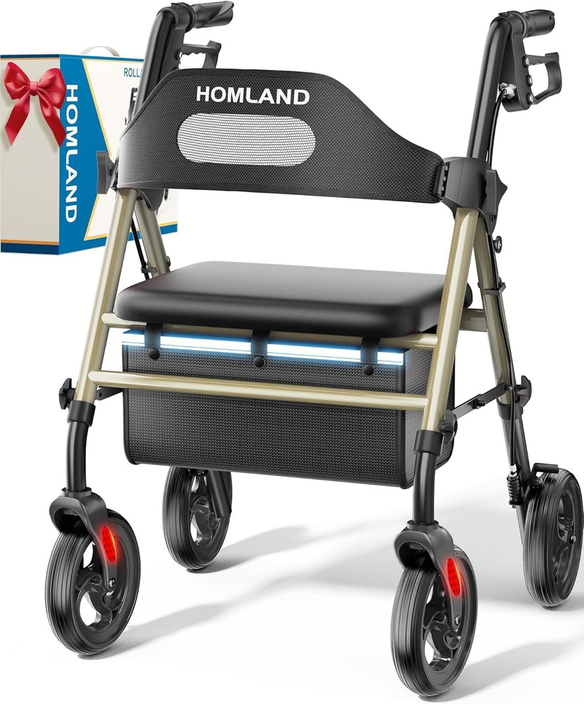 Foldable Rollator Walker with Seat for Seniors, 16″ Enlarged Seat | 8″ Wheels, 1
