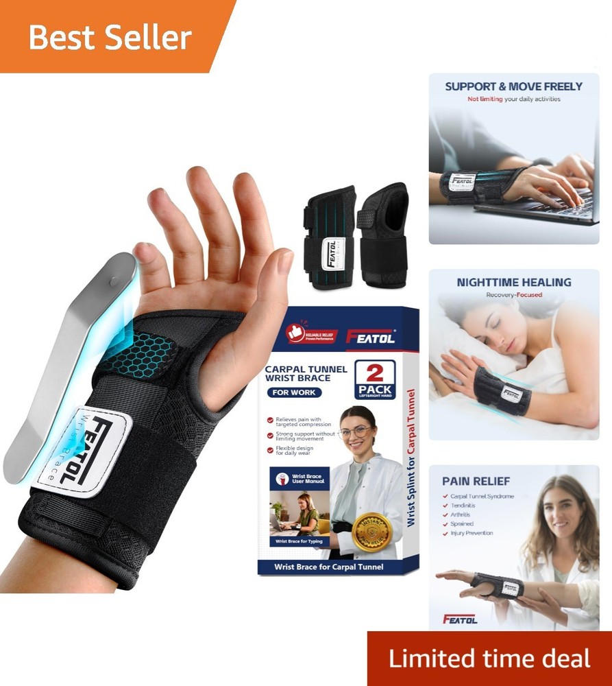 Medium 2-Pack Carpal Tunnel Wrist Braces for Day & Night Relief – Adjustable Fit