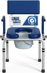 Drop Arm Bedside Commode Toilet with Padded Seat and Backrest, 6.3QT Bucket Read