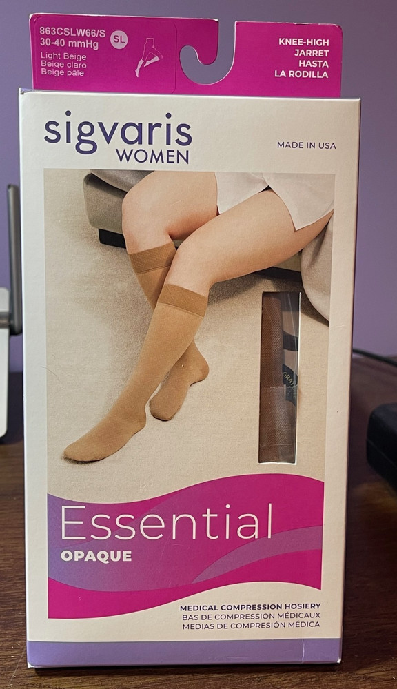SIGVARIS ESSENTIAL OPAQUE 30-40 MMHG COMPRESSION KNEE HIGH CT LIGHT BEIGE SZ SL