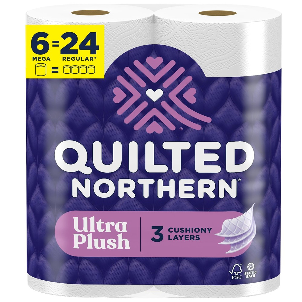 Quilted Northern Ultra Plush Toilet Paper 6 Mega Rolls = 24 Regular, 3-Ply Soft