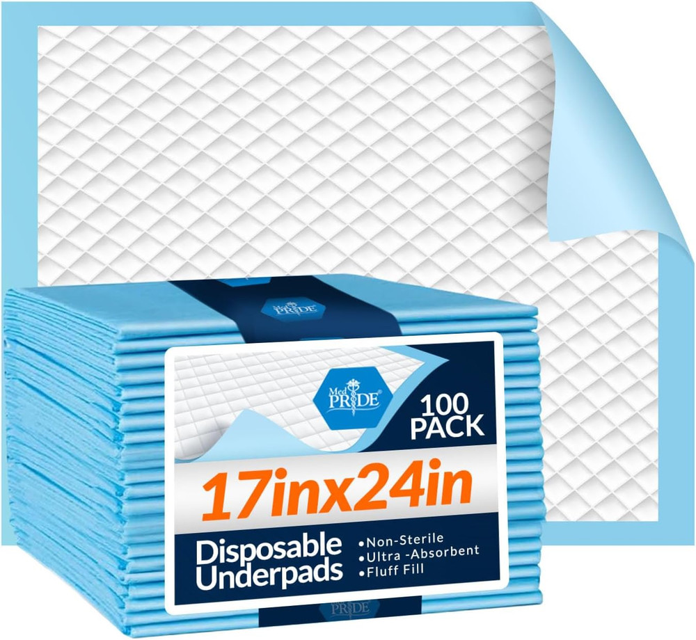 Medpride Disposable Underpads 17“ X 24“ (100-Count) Incontinence Pads, Bed Cov