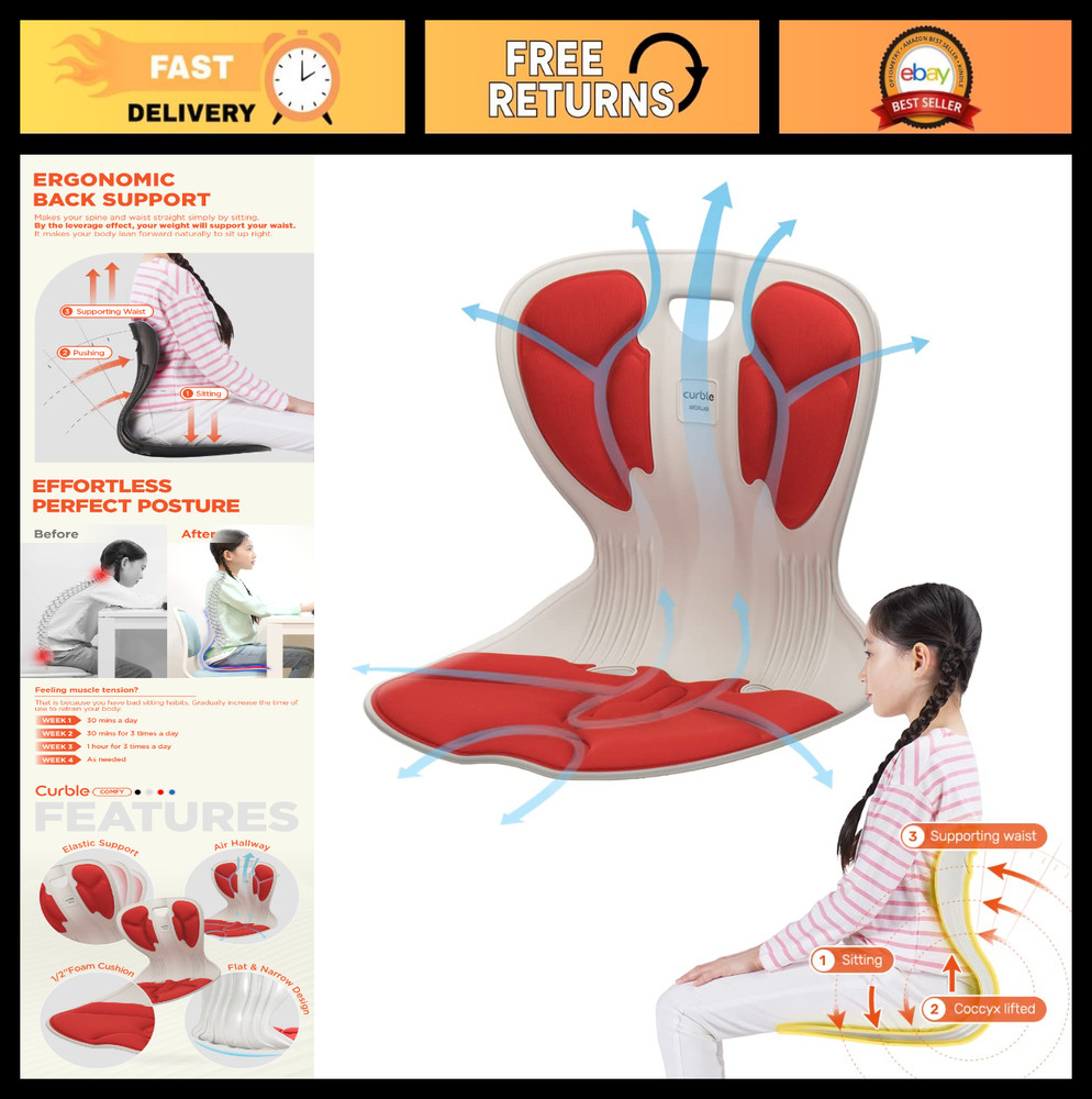 Ergonomic Back Support Posture Corrector for Kids, Flexible Chair Cushion – Red