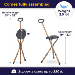 RTL10365-ADJ Adjustable Lightweight Folding Cane with Seat, Black