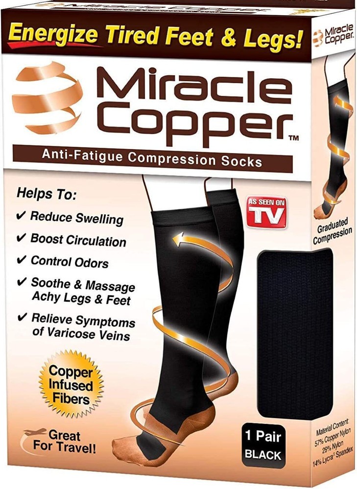 Miracle Copper Unisex Adult Socks Extra Firm Size Small/Medium 1 Pair Black