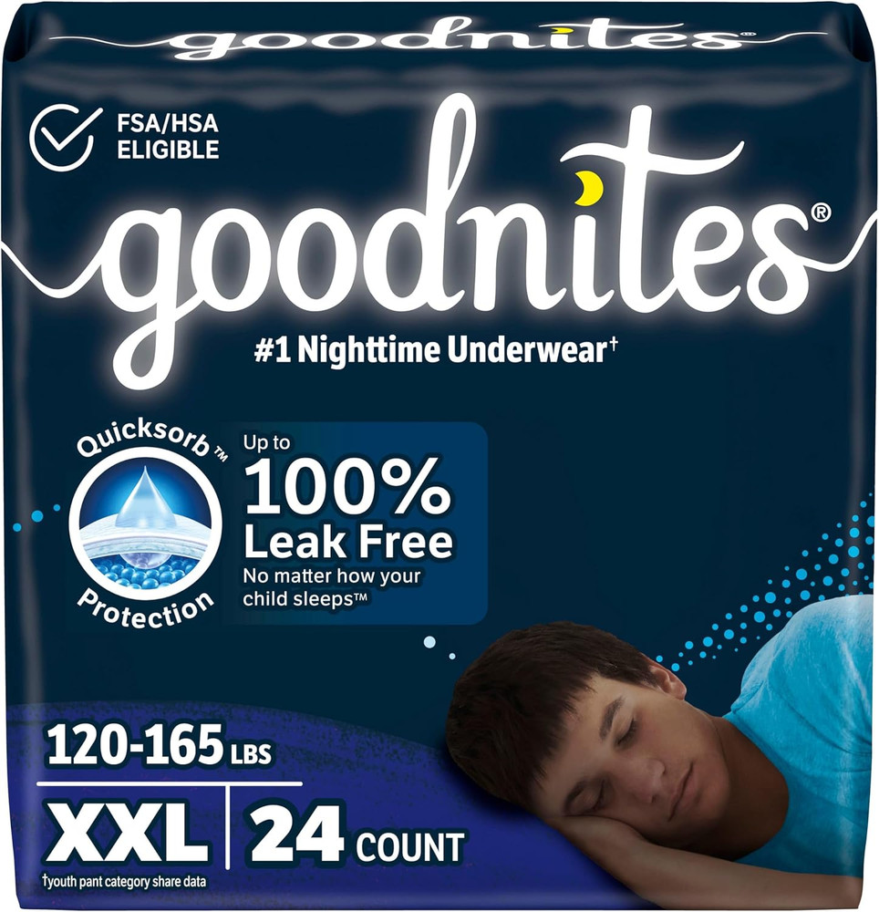 Goodnites Boys‘ Nighttime Underwear, Size XXL (120-165 Lbs), 24 Ct (2 Packs of 1