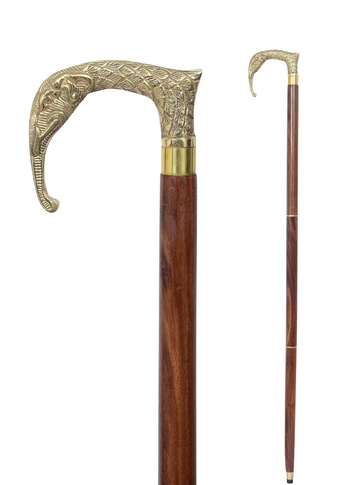 1 PCS Handcrafted Brass Elephant Head Walking Stick 36 Inch Brown Wooden Cane