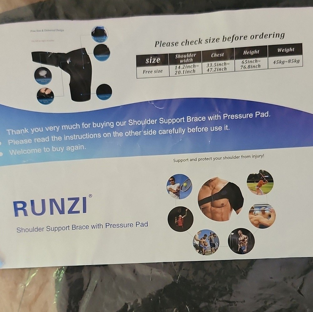 RUNZI Shoulder Support Brace w/ Pressure Pad Adjustable Black Free Size