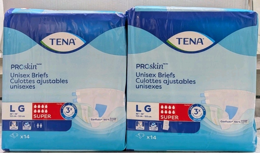 2 Packs of TENA ProSkin Super Absorbent Adjustable Unisex Briefs, Size LG 28 CT