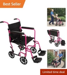 Lightweight 20 lb Foldable Transport Wheelchair with 19“ Seat – Pink Elegance