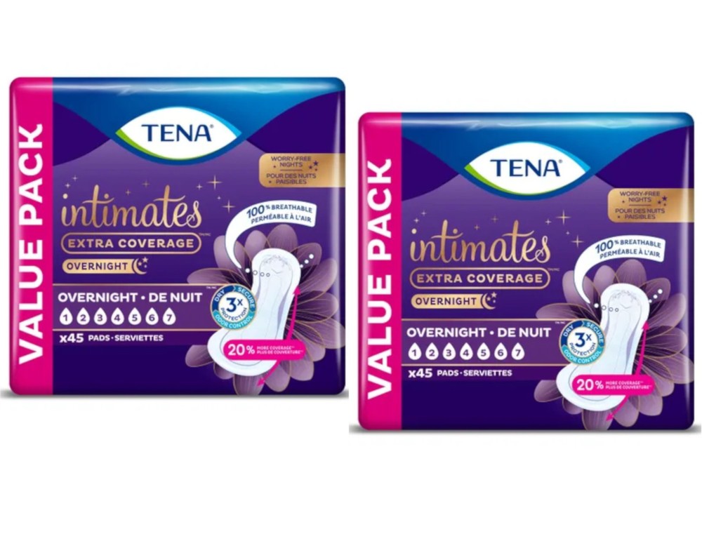 Tena Intimates Extra Coverage Overnight Incontinence Pads, 45 Count – Pack of 2