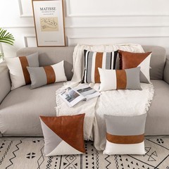 2 Pack 12×20 Inch Lumbar Pillow Covers, Brown Faux Leather & Gray White Cotto…