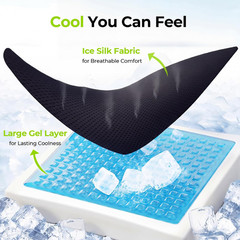 Cooling Gel Seat Cushion 11 Ventilation Grooves Ice-Silky Cover 18×16 In Strap