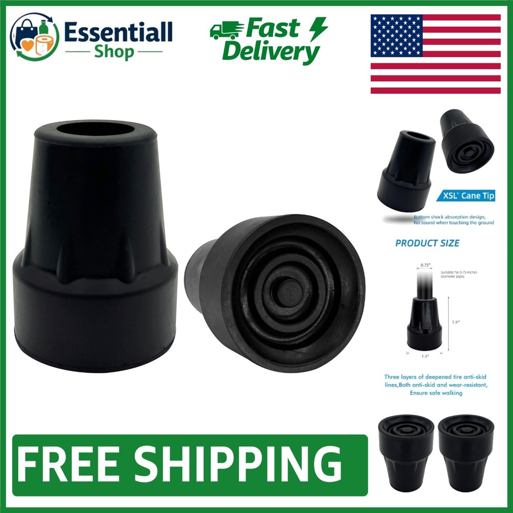 Durable Metal Reinforced Cane Tips, 3/4 Inch, Black – Natural Rubber, Pack of 2
