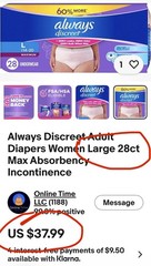 Always Discreet Essentials Adult Diapers Bladder Leak Protection Size L, 56 Ct