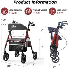 Aojin (Red) Lightweight Foldable Rollator Walkers with Seat for Seniors, 350 lbs