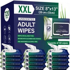 Adult Wipes For Elderly – 8″x13″ 720ct (12 Packs of 60) Huge & Soft Non-Flush…