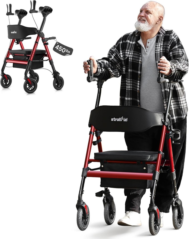 StrollAid Upright Walkers for Seniors, Tall Standing Folding Rolling Walker USA