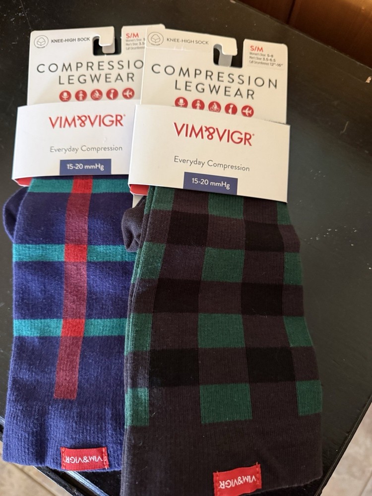 Vim Vigr Plaid Compression Socks Size S/M Nylon Moisture Wicking 15-20 mmHg 2 Pa