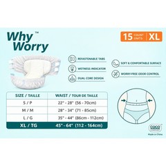 WhyWorry Adult Briefs with Tabs, XL, 15 Count, Unisex, Maximum Absorbency