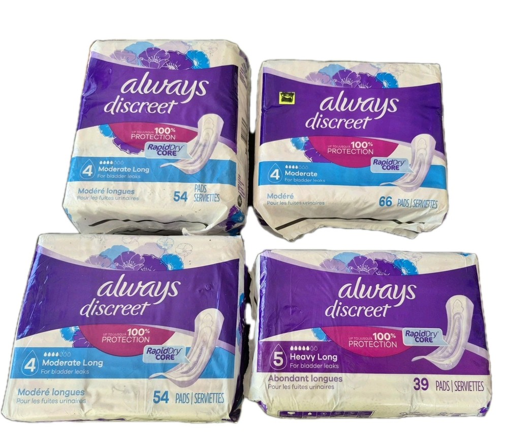 Always Discreet, Incontinence & Postpartum Pads For Women, Lot Of 4