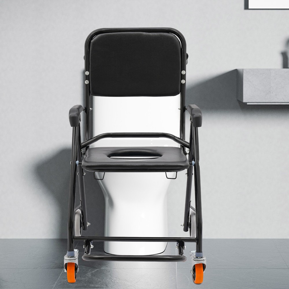 Foldable Shower Chair with Wheels 4-in-1 220.46lbs Rolling Bath Seat Black