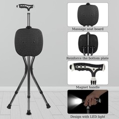 HeavyDuty 440lb Folding Cane Seat, Adj. Walking Stick, Frosted Grip, Square LED