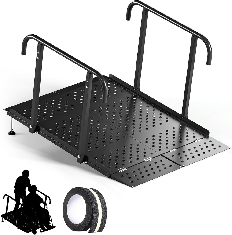 Folding Wheelchair Ramp with Handrails, 49.2″ Length Adjustable Height (1″-7.28″