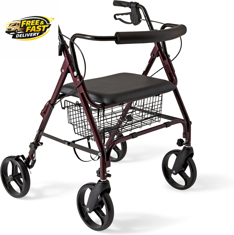 Large Extra Wide Aluminum Bariatric Rollator Walker with Seat, Burgundy, 400 Lb.