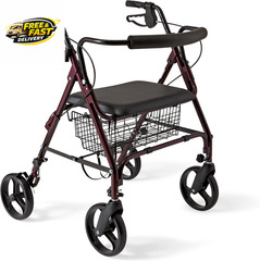 Large Extra Wide Aluminum Bariatric Rollator Walker with Seat, Burgundy, 400 Lb.