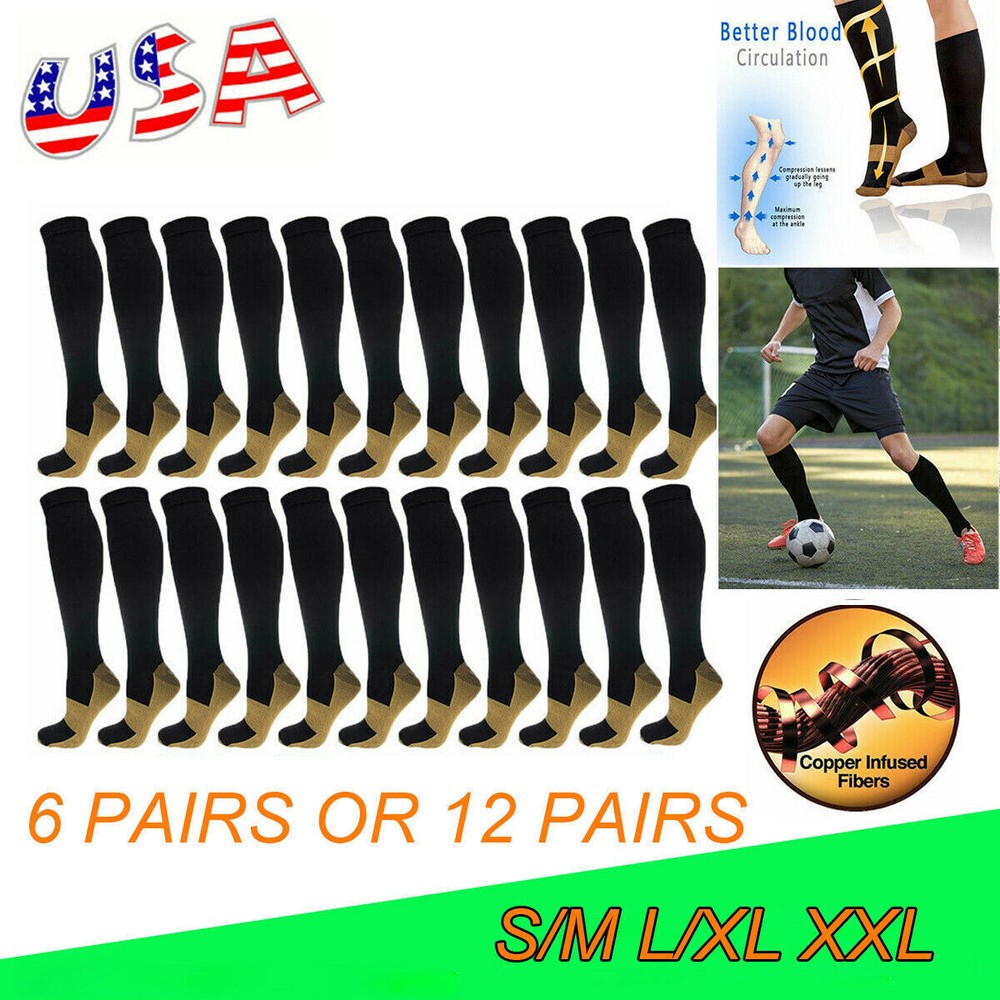 6/12Pairs Copper Compression Socks 20-30mmHg Graduated Support Men’s Women’s XXL