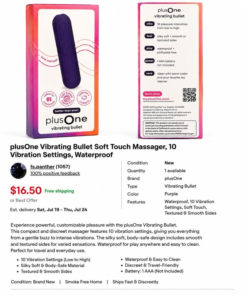 plusOne Vibrating Bullet Soft Touch Massager, 10 Vibration Settings, Waterproof