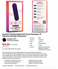 plusOne Vibrating Bullet Soft Touch Massager, 10 Vibration Settings, Waterproof