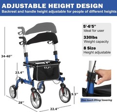 Rollator Walker For Seniors Lightweight Foldable 12″+10″ Wheels w/ Brakes 300 Lb