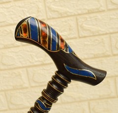 Handmade Ebony Wood Walking Cane – Lapis Amber Inlaid Brass Wire Travel Stick