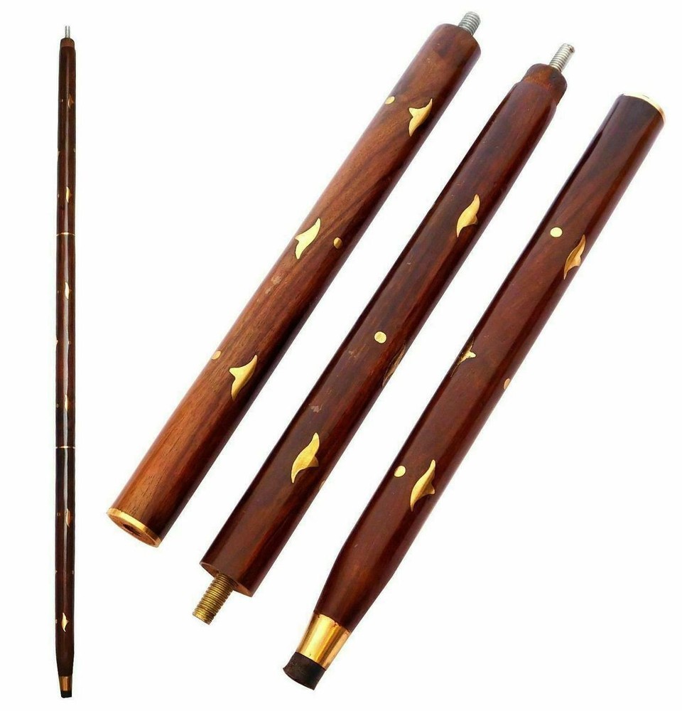 3 Fold Vintage Brass Wood Walking Stick Only For Cane Handle Only wooden shaft