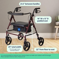 Medline Heavy Duty Steel Bariatric Rollator, 500 lb Weight Capacity, Burgundy