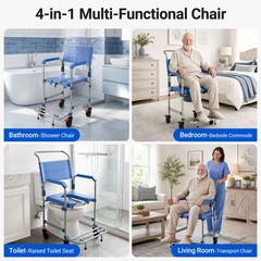 Bedside Commode with 4 Wheels Shower Chair Portable Toilet for Elderly 330LB