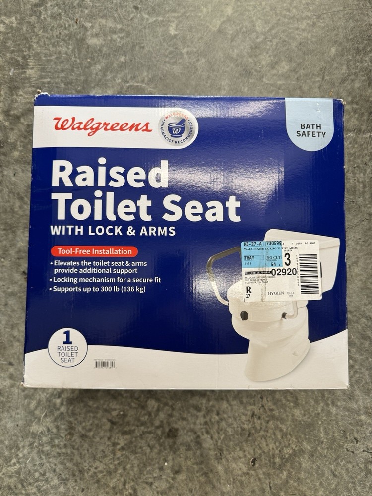 Walgreens Raised Toilet Seat W/Lock & Arms 5 Inch Lift Supports Up To 300lbs NIB
