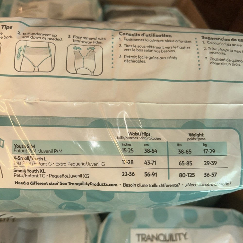 3 bags Tranquility Essential underwear/pullups Youth S/M