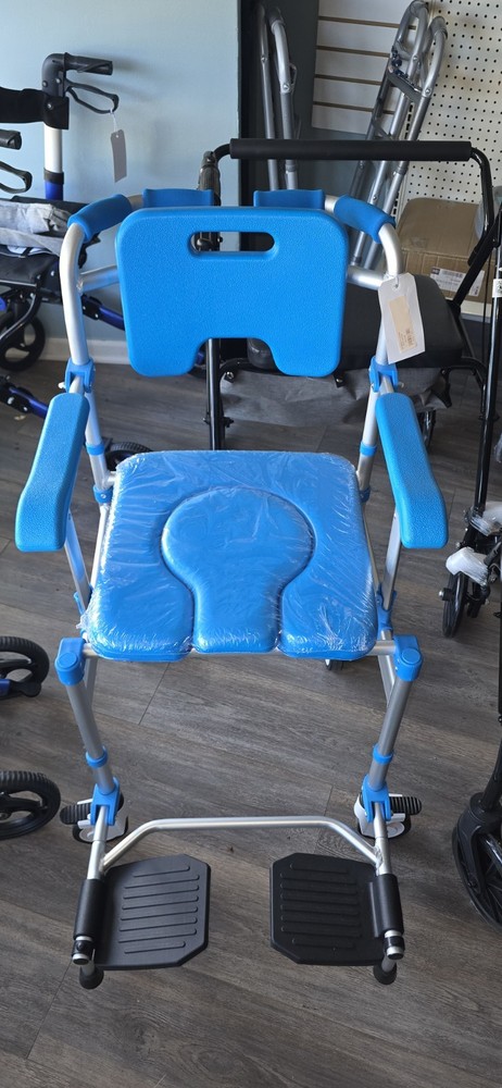 Blue/Silver Commode Wheelchair w/ Padded Removable Seat & Footrests