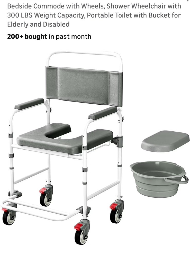 Bedside Commode with Wheels, Shower Wheelchair with 300 LBS Weight Capacity